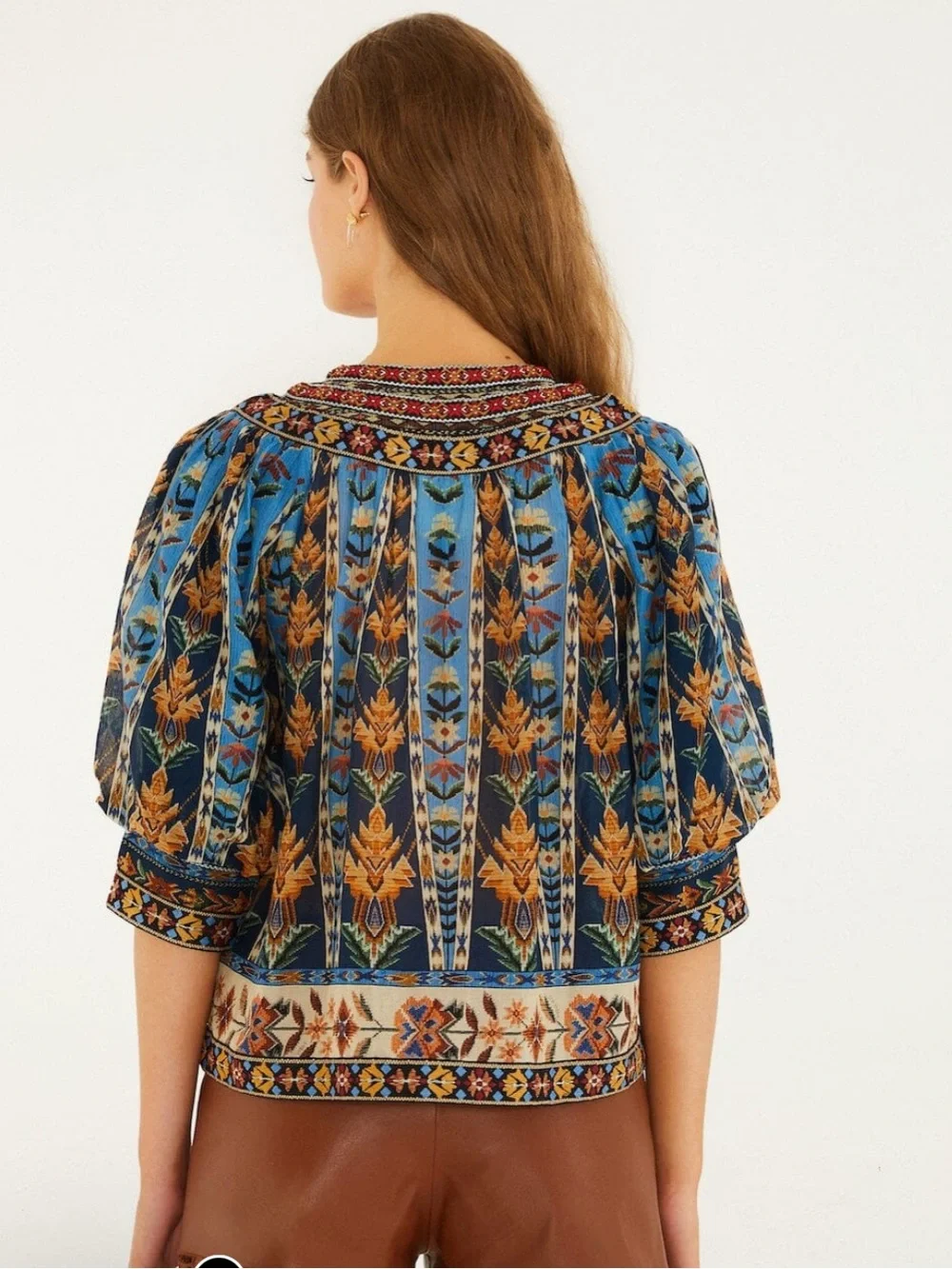 Farm Rio Blue Embroidered Tapestry Tassels Puff Sleeve Blouse